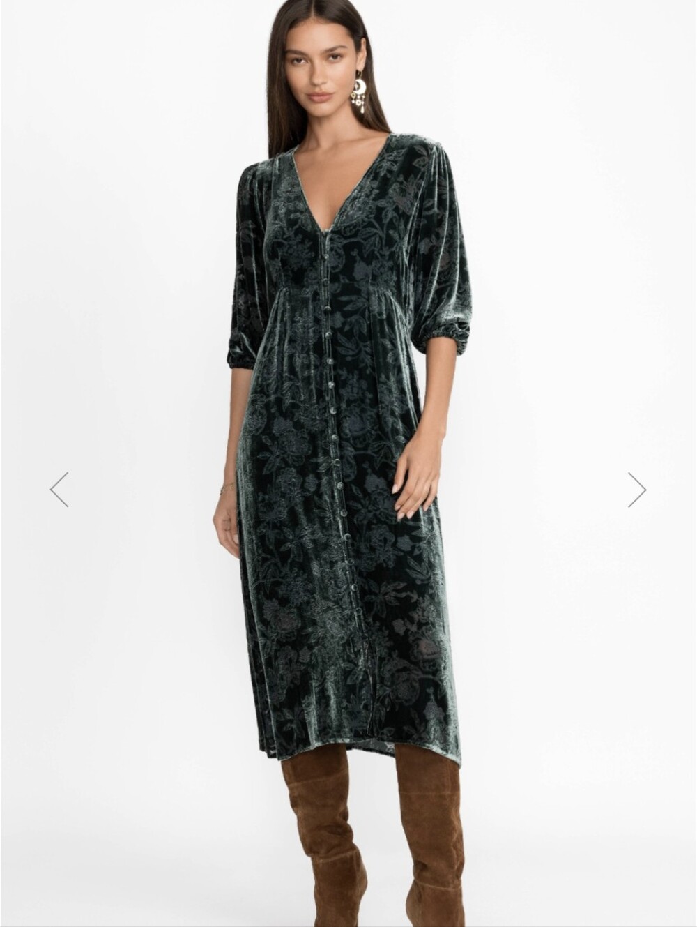 Johnny Was Natalia Silk  Velvet Dark Green Midi Dress Size XL